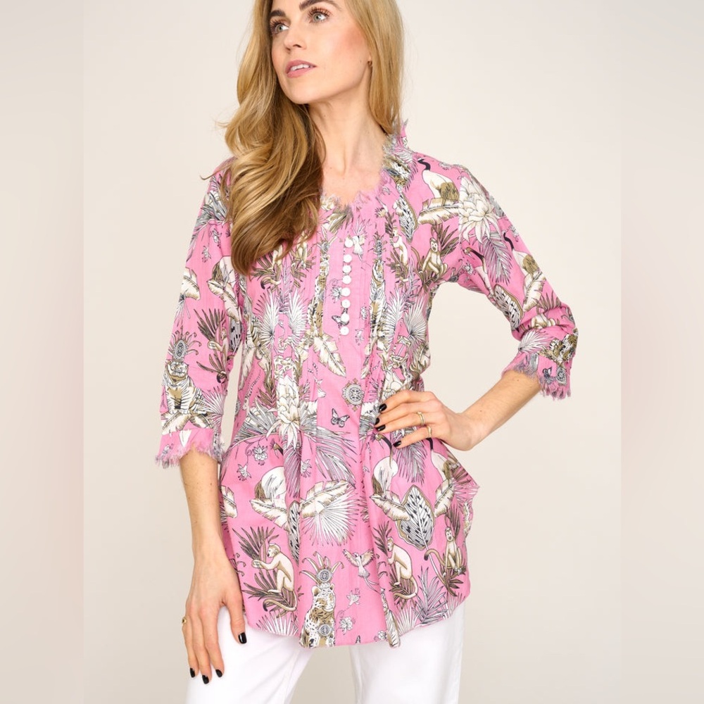 At Last/Wolf & Badger Gray and Cream Sophie -Tropical Print Blouse - XL